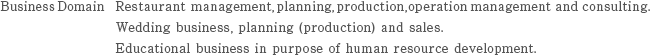 Business Domain: Restaurant management, planning, production, operation management and consulting. Wedding business, planning (production) and sales. Educational business in purpose of human resource development.